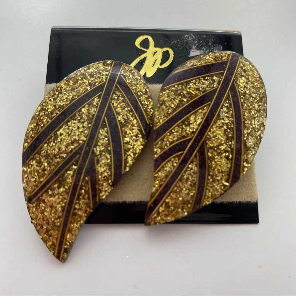 Gold and Brown Leaf Earrings Enamel Sparkly Pierced Post Autumn Fall